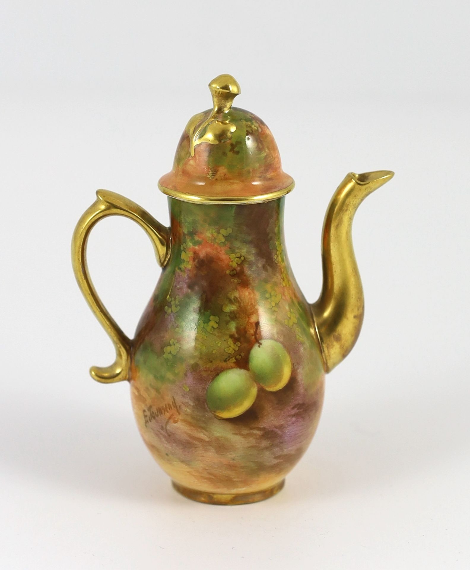 A small Royal Worcester fruit painted coffee pot, by E. Townsend, date code for 1932, 12.5 cm high